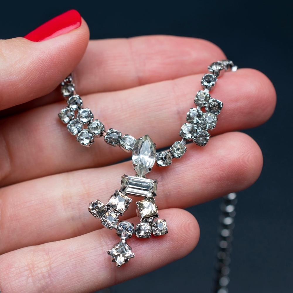 Vintage rhinestone necklace, dainty art deco necklace